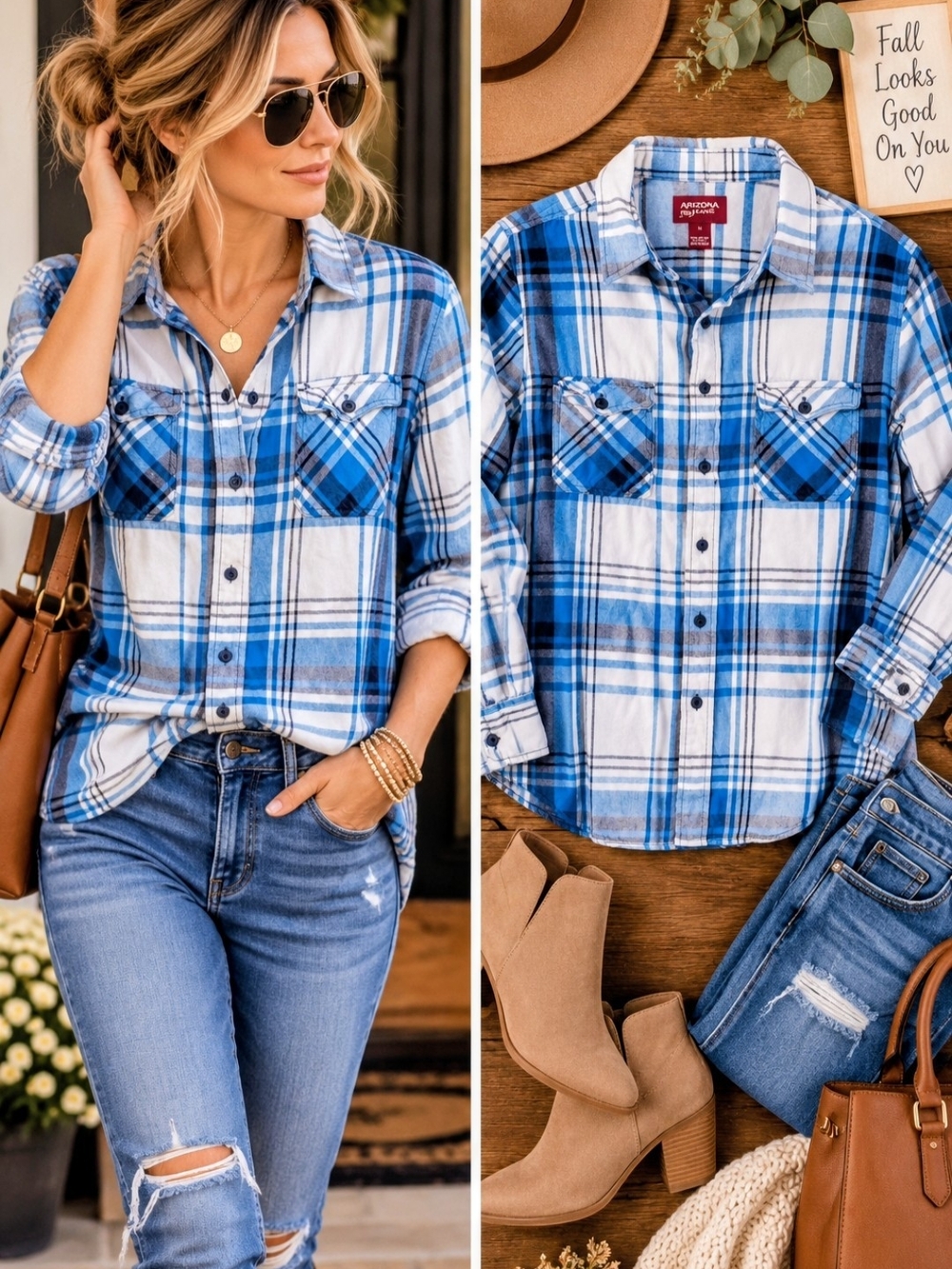 Arizona Jeans Co. Blue Plaid Flannel Shirt 100% Cotton M Fall Cozy Classic